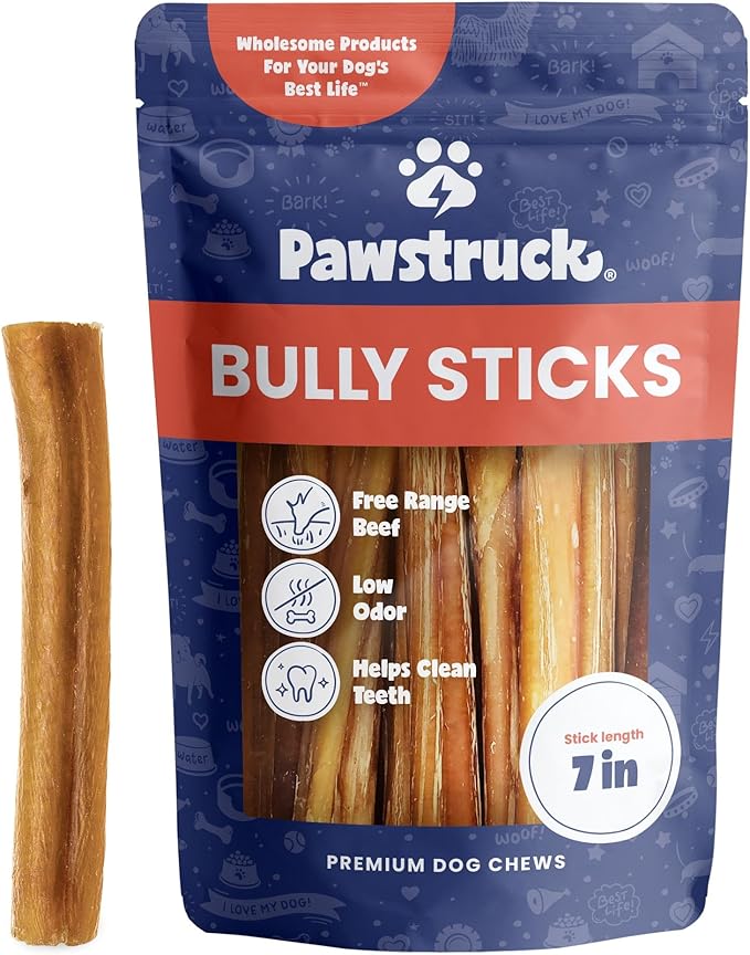 Pawstruck All-Natural 7" Bully Sticks for Dogs - Long Lasting, Rawhide-Free, Low Odor & Grain-Free Dental Chew Treat - Healthy Single Ingredient, 100% Real Beef - 1 lb Bag-Mewly Pet