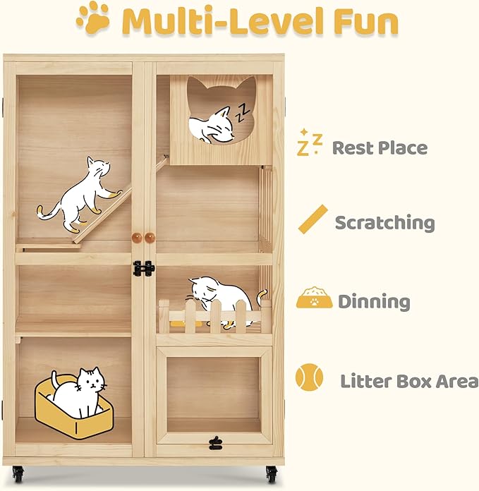 MCombo Wooden Cat Houses for Indoor Cats, Luxury Kitten House with Scratching Pad, Lockable Doors, Wheels, CT090-Mewly Pet