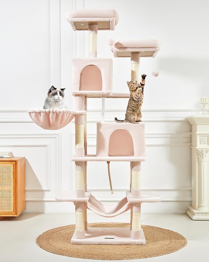 TaoqimiaoCat Tree Cat Tower for Indoor Cats, Plush Multi-Level Cat Condo with 12 Scratching Posts, 2 Perches, 2 Caves, Hammock, 2 Pompoms Jelly Pink-Mewly Pet