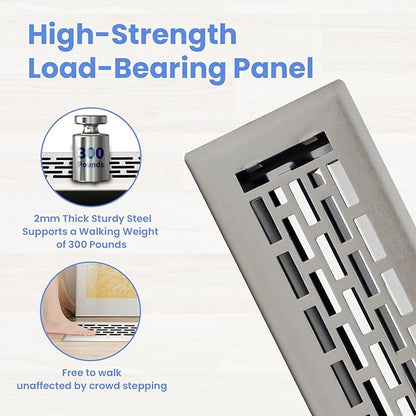 2x12 Inches Heavy Duty Walkable Floor Register - Easy Adjust Air Supply Lever Decorative Floor Vent Covers - Boston Design Vent Covers for Home - Satin Nickel