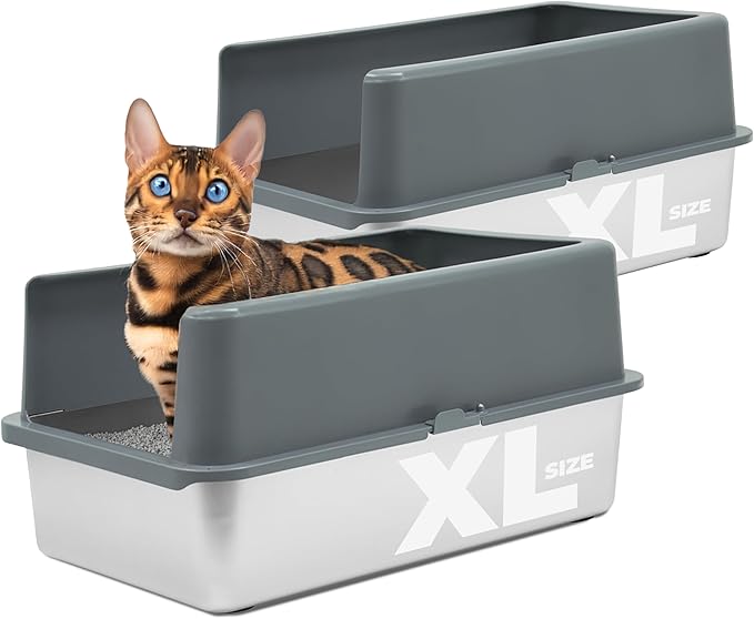 iPrimio Stainless Steel Litter Box - Cat Litter Box Enclosure with Enclosed Sides for Odor Control - Durable, Rust-Resistant Metal - Easy Clean Design, Applicable for Large Cats - 2 Pack-Mewly Pet