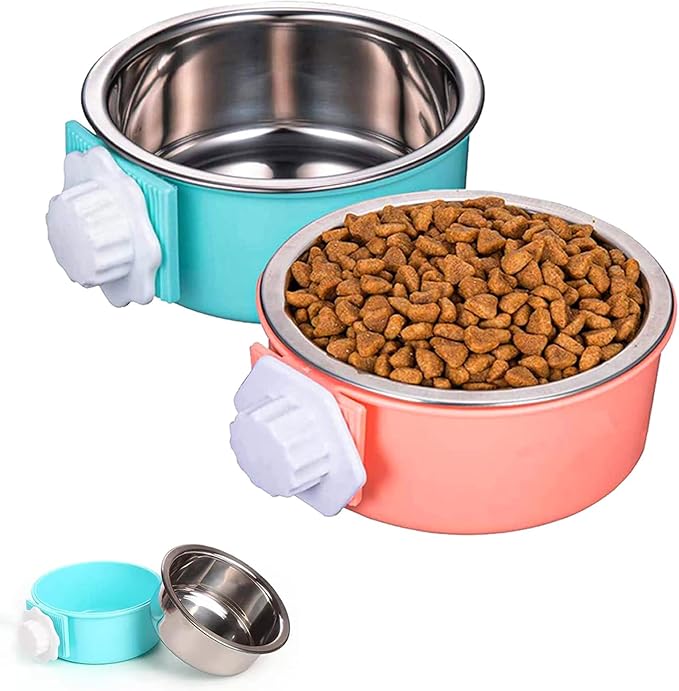 HERCOCCI Dog Crate Bowl, Removable Stainless Steel Pet Kennel Cage Hanging Food Bowls and Water Feeder Coop Cup Prevent Overflow for Puppy, Medium Dog, Cat, Rabbit, Ferret (2PCS)-Mewly Pet