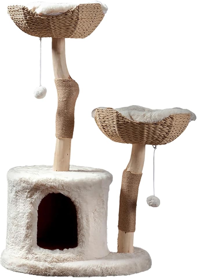 The Bungalow Cat Tree - Luxury Cat Condo, Large Modern Indoor Tower with 2 Faux Fur Beds, Scratching Posts, Toys, and Den for Cats, 23.5-Inch Width x 18-Inch Depth x 43-Inch Height-Mewly Pet
