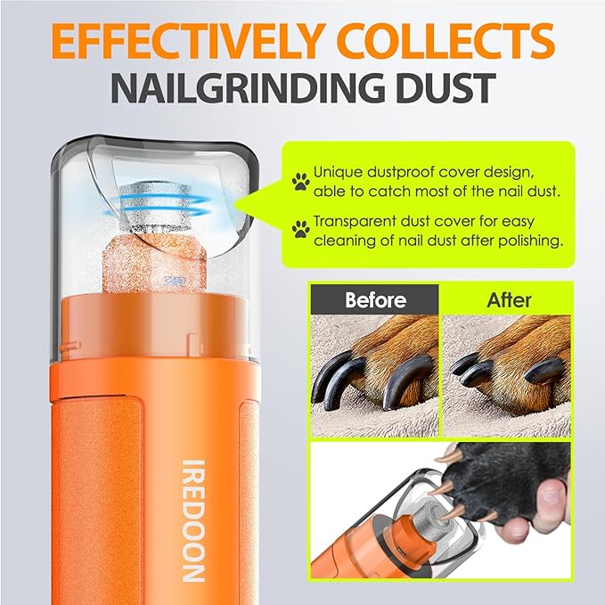 Dog Nail Grinder Upgraded - Professional 3-Speed Super Quiet and Low Vibration Electric Pet Nail Grinder with 4 LED Lights - Painless Paws Grooming & Smoothing for Small to Large Dogs (Orange)-Mewly Pet