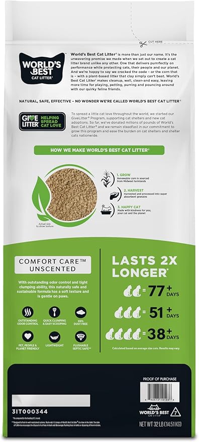 WORLD'S BEST CAT LITTER Comfort Care Unscented, 32-Pounds - Natural Ingredients, Quick Clumping, Flushable, 99% Dust Free & Made in USA - Long-Lasting Odor Control & Easy Scooping-Mewly Pet