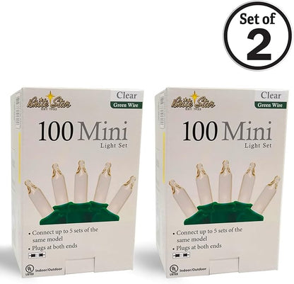 Brite Star 100 Count Mini String Christmas Lights, Clear - 22 feet Indoor/Outdoor Christmas Tree Lights with Green Wire (Set of 2)