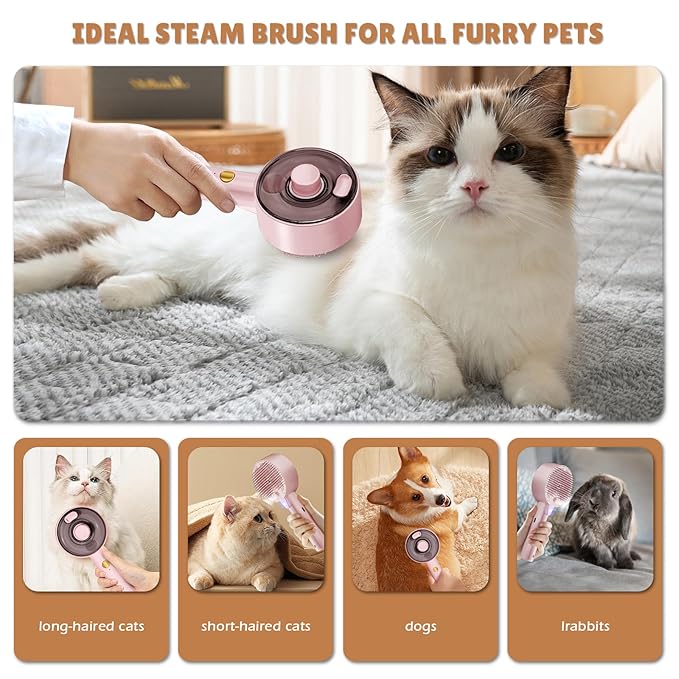 Cat Steam Brush,Cat Brushes for Indoor Cats, 4 In 1Spritz Spray Defur Comb, Cloud Care Shedding Control, Pet Grooming Brush for Long Short Hair Cats Dogs, Massage Clean Design Pet Steam Brushes-Mewly Pet