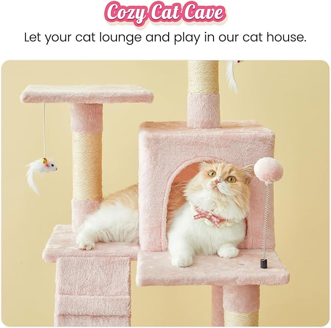 MWPO 63.8-Inch Pink Cat Tree for Indoor Cats, Multi-Level Cat Tower with Sisal-Covered Scratching Posts, Padded Platform, Hammock, Dangling Toys, Stable Cat Condo Pet Play House-Mewly Pet