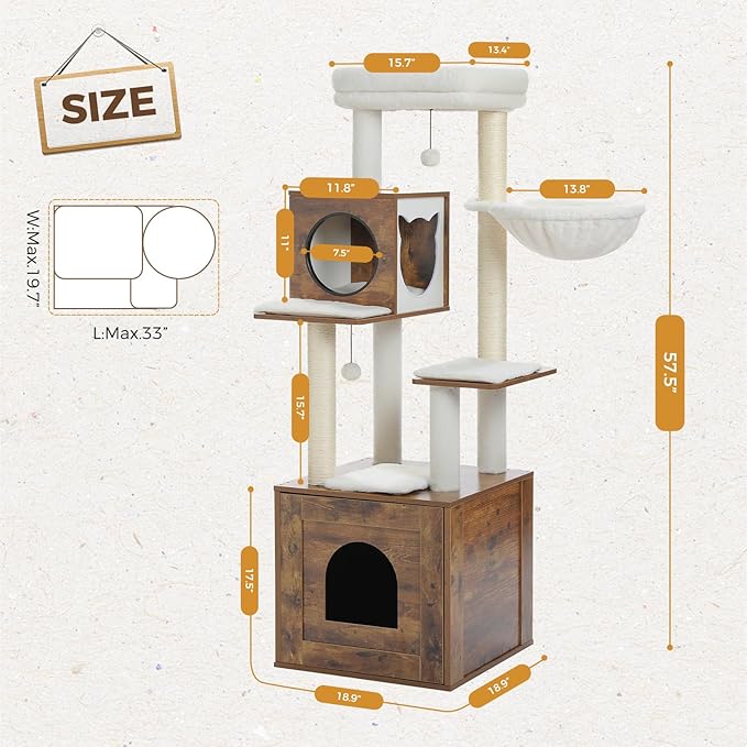 PEQULTI 57.5" Cat Tree with Litter Box Enclosure Large, Wood Cat Tower for Indoor Cats with Storage Cabinet and Cozy Cat Condo, Sisal Covered Scratching Post and Repalcable Dangling Balls, Brown-Mewly Pet