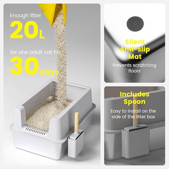 2 Pack Stainless Steel Cat Litter Box - Enclosed XL Metal Kitty Litter Box with Lid for Big Cats, High Sided, Anti-Leakage, Easy Cleaning, Non-Sticky, Included Cat Litter Spoon-Mewly Pet
