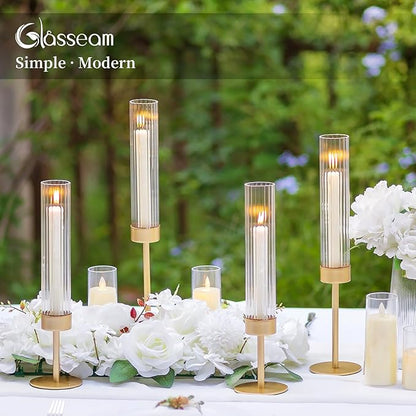Gold Hurricane Taper Candle Holders: Glasseam 3Pcs Brass Candlestick Holders with Ribbed Glass Cylinder Cover Fluted Tall Candle Sticks Holder Decor for Table Centerpiece Wedding Christmas Decorations