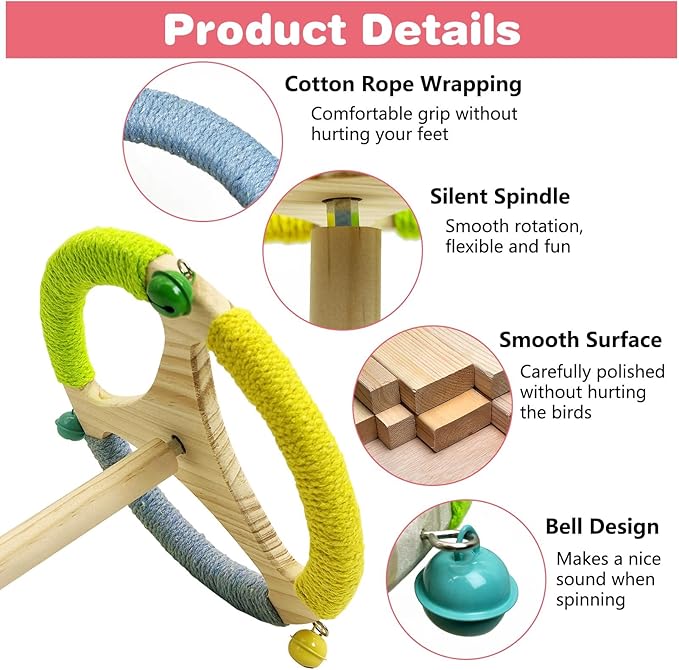 PINVNBY Hanging Bird Stand Perch Toy Wooden Spinning Parrot Perch with Cotton Rope and Bell Interactive Cockatiel Toy Bird Cage Accessories for Parakeets Conures Budgies Finches Lovebirds-Mewly Pet