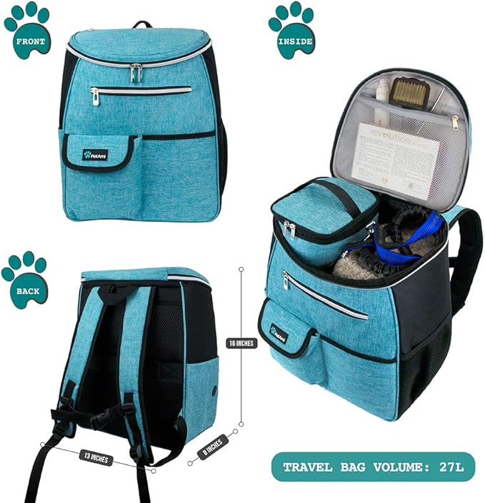 PetAmi Dog Travel Bag Backpack, Airline Approved Dog Bags for Traveling, Puppy Diaper Bag Supplies, Pet Camping Essentials Hiking Accessories Dog Mom Gift, Food Container, Collapsible Bowls, Teal Blue-Mewly Pet