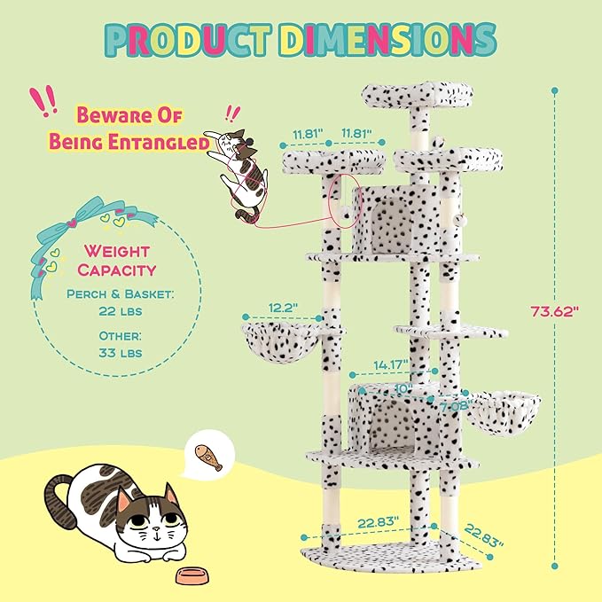 SHA CERLIN 73in Fan-Shaped Corner Cat Tower for Save Space/Multi-Level Tall Tree for Indoor Kitties/Condo with Baskets/Cozy Perches/Sisal Scratching Posts/Pet Activity House/White & Black Spot-Mewly Pet