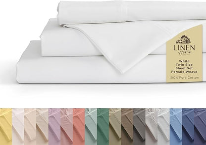 Linen Home 100% Cotton Percale Sheets Twin Size, White, Deep Pocket, 3 Pieces Set - 1 Flat, 1 Deep Pocket Fitted Sheet and 1 Pillowcase, Crisp Cool and Strong Bed Linen