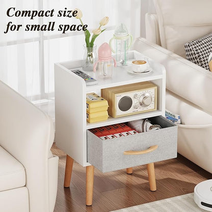 LUCKNOCK White Night Stand with Drawer, Mid Century Modern Bedside Table, Sturdy Wood Nightstand with Open Storage Shelf, Small Bedside Table for Bedroom, Kids Room & Small Spaces.