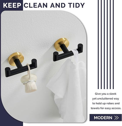 Angle Simple Towel Double Hook Black & Gold, 2 PCS Stainless Steel Bathroom Towel Holder, Dual Robe Coat Hook for Wall