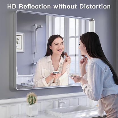 ISKM Silver Metal Framed Bathroom Mirror, 40 x 32 Inch Brushed Silver Vanity Mirror for Wall Round Corner Rectangle Modern Mirror Wall Mounted Hangs Horizontal or Vertical