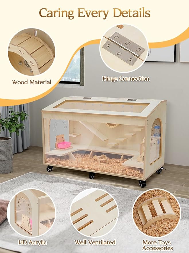 Hamster Cage Large 32 inch Guinea Pig Cages Hamster Cages Enclosure and Habitats Mice Rat Cage with Platform Openable Top Acrylic Sheets Wooden Chewproof Small Animal Cage for Hedgehog Mouse Gerbil-Mewly Pet