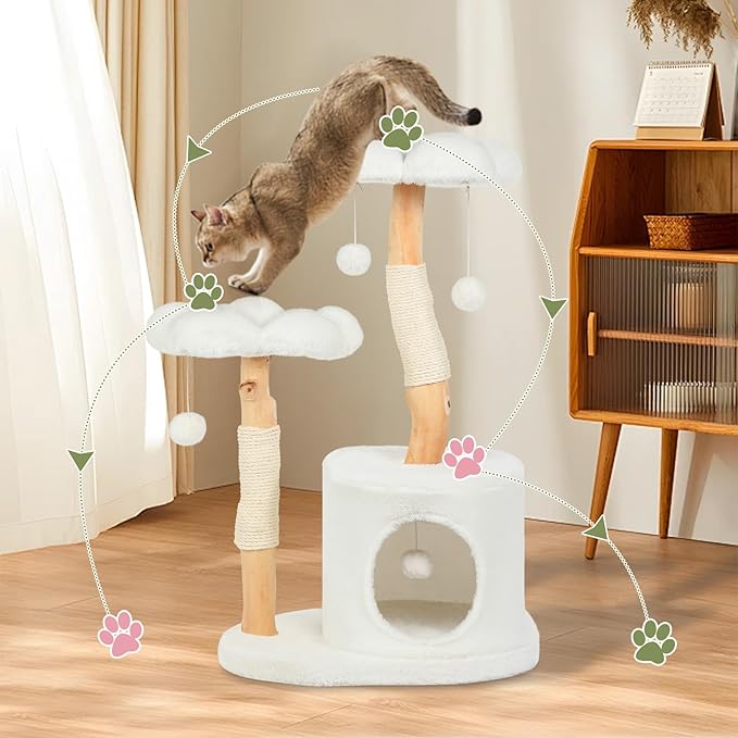 Cute Cat Tree Tower for Indoor Cats Adult, Wood Flower Cat Trees with 6 Pompoms, Modern Cat Tree Tower with Scratching Post, Aesthetic Luxury Cat Condo for Cats Kitten, Alpine White-Mewly Pet