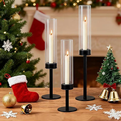 Taper Candle Holder Set, Black with Glass Hurricane – Modern Candlestick Holders for Dining Room Decor, Wedding Decor, Fall Centerpieces for Tables, Warmly Gift for Halloween and Christmas Season.