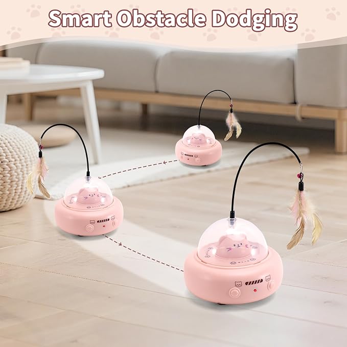 Automatic Cat Toys with Feathers, Interactive Cat Toy for Indoor Exercise, Rechargeable Teasing Toys for Indoor Cats, USB Powered, Smart Standby&Obstacle Avoidance(Pink)-Mewly Pet
