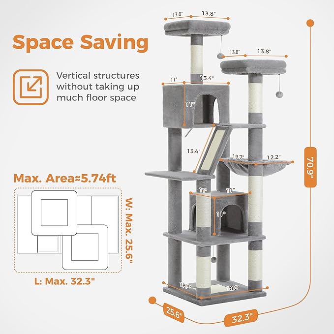 PAWZ Road 70 Inch Cat Tower, Tall Cat Tree with 2 Cozy Condos, 2 Plush Perch, Large Basket, 2 Scraching Pad & 6 Scraching Posts for Indoor Cats Large Adult, Gray-Mewly Pet