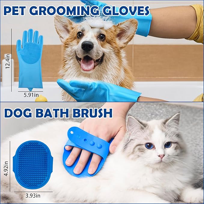 Dog Grooming Brush Set – 5-Piece Kit for Medium & Long-Haired Dogs | Includes Long Pin Brush, Flea Comb, Bath Glove, Silicone Glove, Metal Comb | For Poodles, Huskies & More (Blue)-Mewly Pet