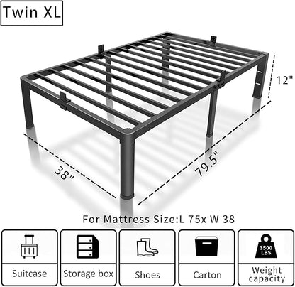 ROIL 12 inch Twin XL Bed Frames with Headboard Hole and Round Corner Legs Mattress Retainers 3500LBS Heavy Duty Steel Slats No Box Spring Needed Platform Noise-Free Underneath Storage