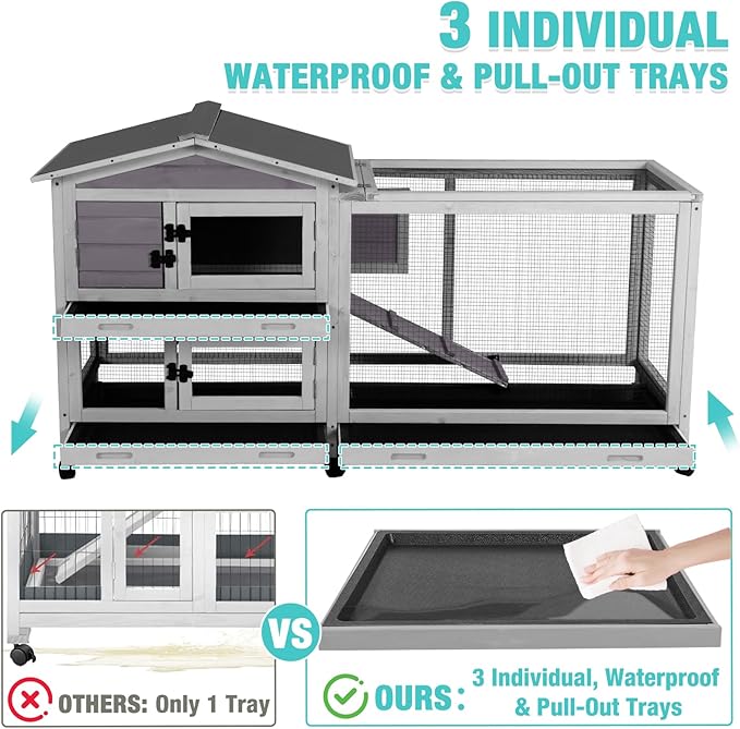 62" Rabbit Hutch with Chew-Proof Ramp & Waterproof Roof - Indoor/Outdoor Bunny Cage, 2-Story Design, 6 Lockable Caster Wheels & Dual Pull-Out Trays (Grey)-Mewly Pet