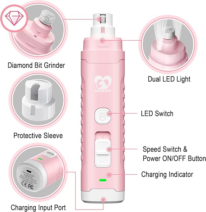 Casfuy Dog Nail Grinder with 2 LED Light for Large Medium Small Dogs - 3X More Powerful 2-Speed Electric Pet Nail Trimmer Rechargeable Quiet Painless Paws Grooming & Smoothing Tool-Mewly Pet