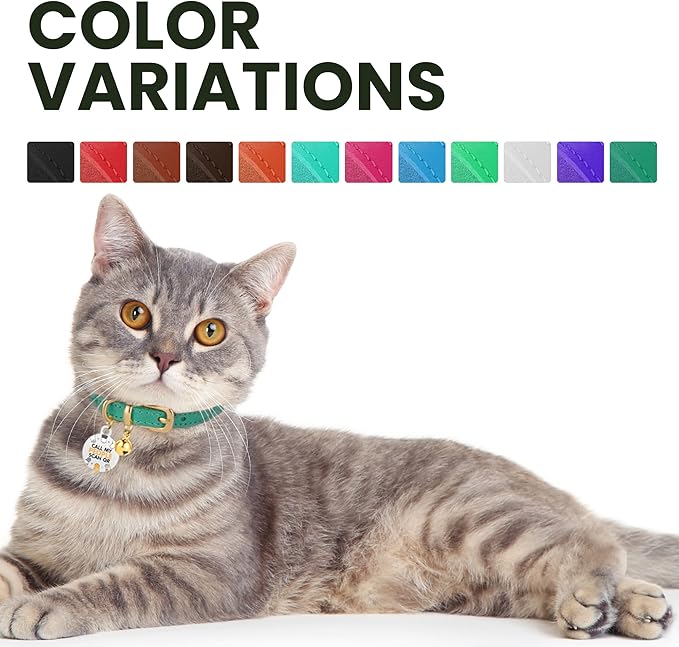 BRONZEDOG Leather Cat Collar with Removable Bells Non Breakaway Kitten QR Tag for Girl Boy (9" - 12" Cats/Mini Dogs, Red & Gold)-Mewly Pet