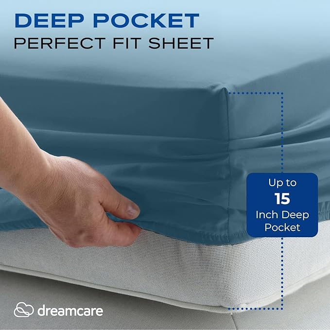 DREAMCARE Full Size Sheets Set - 4 Pcs Cooling Bed Sheets with Up to 15" Deep Pockets - Soft, Long-Lasting 100% Brushed Polyester with Side Pocket (Mineral Blue)