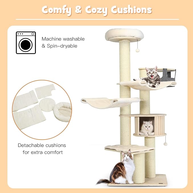 PETSITE 77.5" Tall Cat Tree, Multi-Level Modern Cat Tower with Sisal Scratching Posts, Top Perch, Cat Condo, Hammocks, Hanging Basket, and Jingling Balls, Cat Tree Tower for Indoor Cats Large Adult-Mewly Pet
