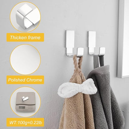 BESy Brass Clothes Hook Single Towel Hook for Bathroom Kitchen Garage Square Style Robe Hooks Coat and Hat Hook, Self Adhesive with Glue or Wall Mounted with Screws, Four Packs, Polished Chrome