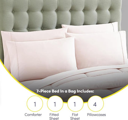 Sweet Home Collection 7 Piece Comforter Set Bag Solid Color All Season Soft Down Alternative Blanket & Luxurious Microfiber Bed Sheets, Pale Pink, Queen