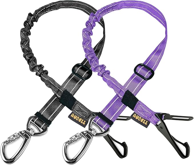AUBELL Dog Seat Belt for Car,2 Pack Set 3-in-1 Adjustable Reflective Bungee Heavy Duty Dog Car Harness Tether with Clip Hook Latch & Buckle,Swivel Zinc Alloy Carabiner,Black+Purple-Mewly Pet