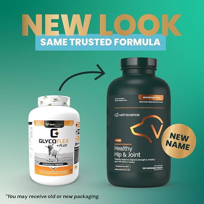 VetriScience Ultimate Strength Healthy Hip & Joint Chewable Tablets, GlycoFlex Glucosamine, Chondroitin and Green-Lipped Mussel Joint Supplement for Dogs, Soothe Joint Discomfort, Chicken, 120 Count-Mewly Pet