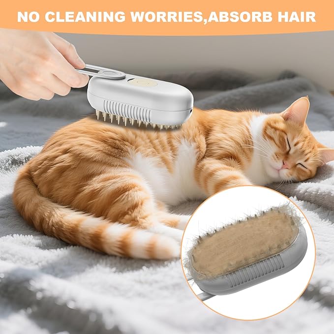 4 in 1 Cat Steam Brush for Shedding，Rechargeable Steam Pet Brush With Rotating Handle for Massaging, Self-Cleaning, and Pet Hair Removal for Long and Short Hair of Cat and Dog （Beige）-Mewly Pet