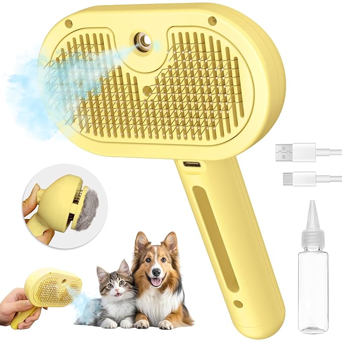3 In 1 Steamy Brush with Release Button and Tank, Anti-Static Pet Brush for Long and Short Hair Pets to Remove Tangles and Loose Fur (Yellow)-Mewly Pet