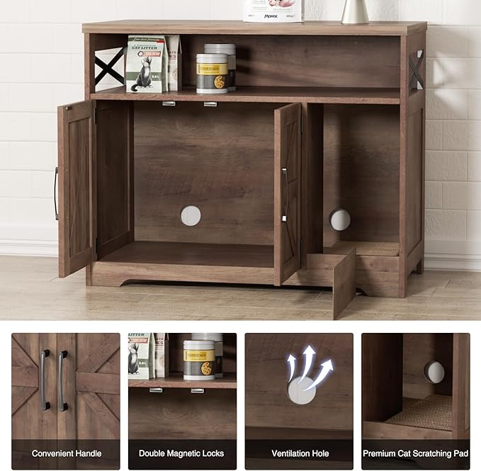 Cat Litter Box Enclosure, Hidden Litter Box Furniture with Scratch Pad, Farmhouse Indoor Cat House Washroom End Table, Retro Brown-Mewly Pet