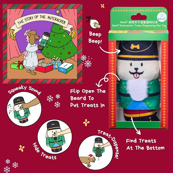 Nutcracker Treat-Dispensing Soft Plush Squeaky Pet Toy - Christmas/X’Mas Festive Enrichment Gift, Durable Cute&Fun Toy for Interactive Play,Hide Food for Nose-Work Puzzle, Small Medium Dogs-Mewly Pet