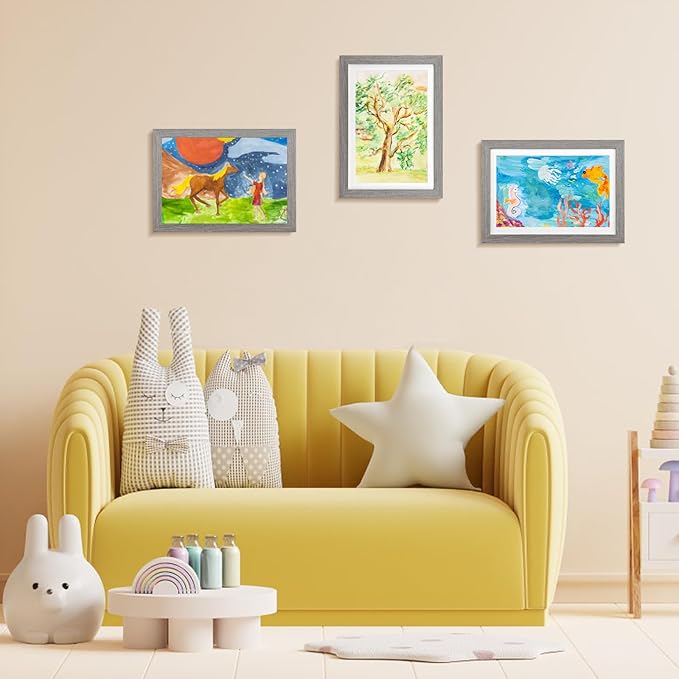 KINLINK A4 Kids Art Frames Set of 2, Solid Wood Kids Artwork Frames Changeable with Acrylic Front Opening Holds 150 Pictures 8.3x11.7, Art Frame for Kids Artwork with Mat or without Mat, Grey