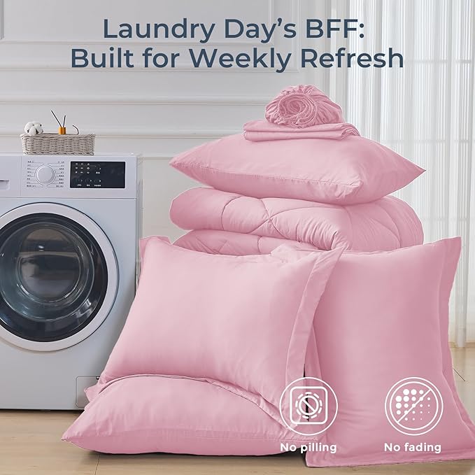 HEVUMYI Pink King Comforter Set - 7-Piece All Season Bed in a Bag King, Ultra Soft Bedding Set with Comforter, Flat Sheet, Fitted Sheet, Pillowcases, Pillow Shams, Pink