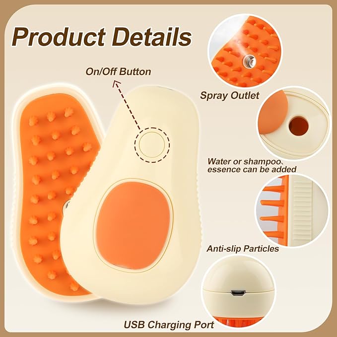Cat Steam Brush, 3 in 1 Cat Steamy Brush, Silicone Massage Grooming Comb, Pet Hair Cleaning Misting Comb for Kittens(Avocado White)-Mewly Pet