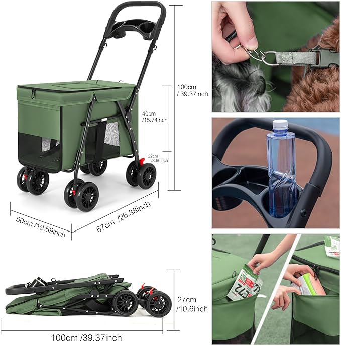 Pet Stroller Cat Dog Stroller Travel Folding Pet Carriers（Green）-Mewly Pet
