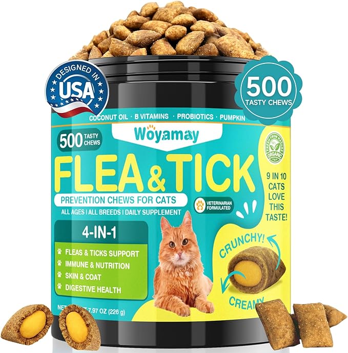 4-IN-1 Flea and Tick Prevention for Cats, 500 Crunchy & Creamy Chews, Cat Flea Treatment, Natural Oral Flea Treatment for Cats, Daily Support for Flea, Immune, Skin & Coat, Gut, Chicken Flavor-Mewly Pet