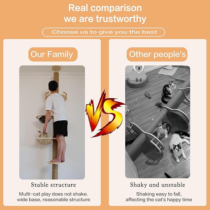 Floor to Ceiling Cat Tree Height (50-120 in) Adjustable Cat Tower 5 Tier Hemp Scratching Post High Cat Tree Sturdy Activity Tree Indoor Outdoor Cat Scratching Post Activity Center-Mewly Pet