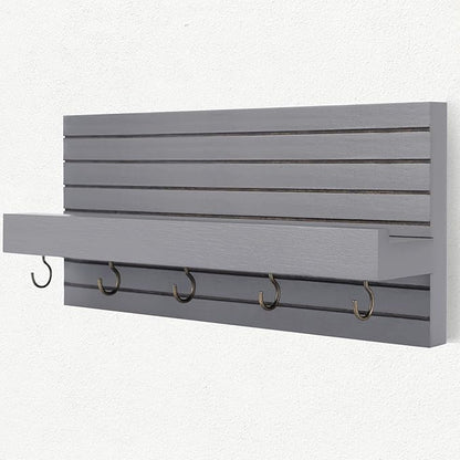 Decorative Key Holder for Wall with Shelf, Entryway Shelf with Hooks Holds Leashes, Jackets and Glasses – Sturdy Wood Keyholder Entrance Hanger with Mounting Hardware (Gray, Medium)