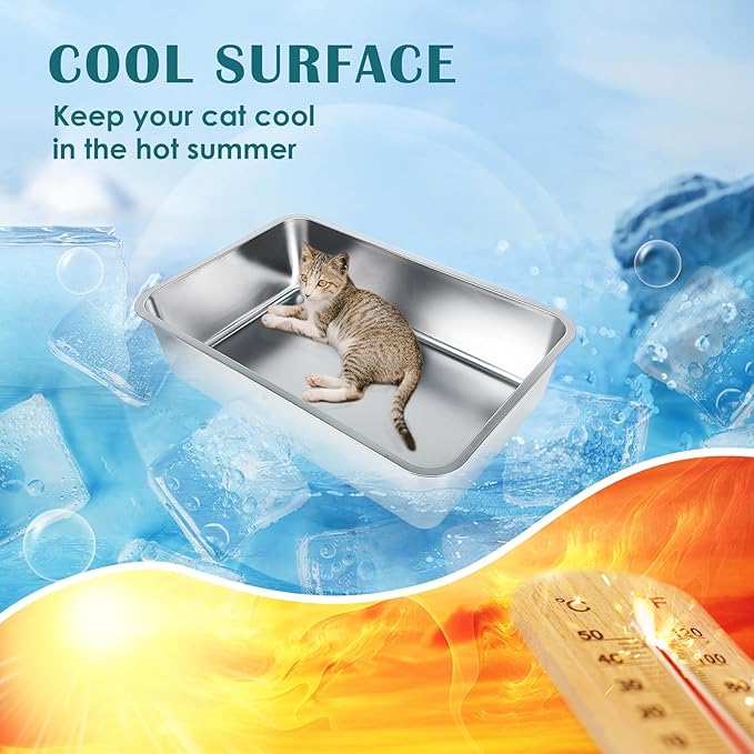 IKITCHEN Stainless Steel Cat Litter Box, Large Metal Litter Box for Cats, Never Absorbs Odors,Stain Free, Rustproof, Non Stick Smooth Surface, Anti-Slip Rubber Bottom, 19.5" L x 13.5" W x 6" H-Mewly Pet